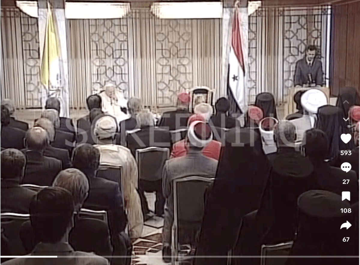 Pope John Paul II being welcomed to Syria by President Bashar al-Assad